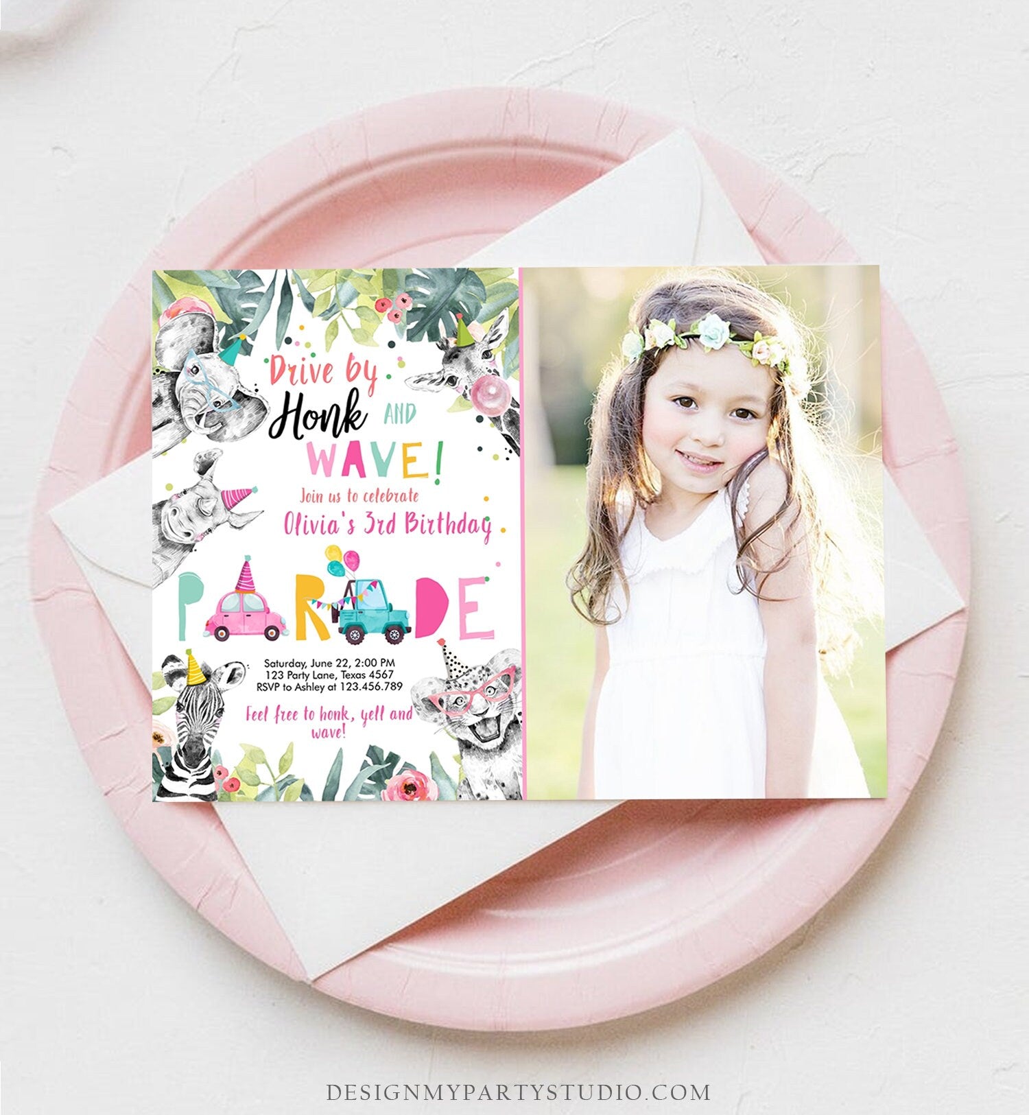 Editable Drive By Birthday Parade Invitation Party Animals Invite Honk Wave Car Girl Pink Quarantine Instant Download Digital Corjl 0322