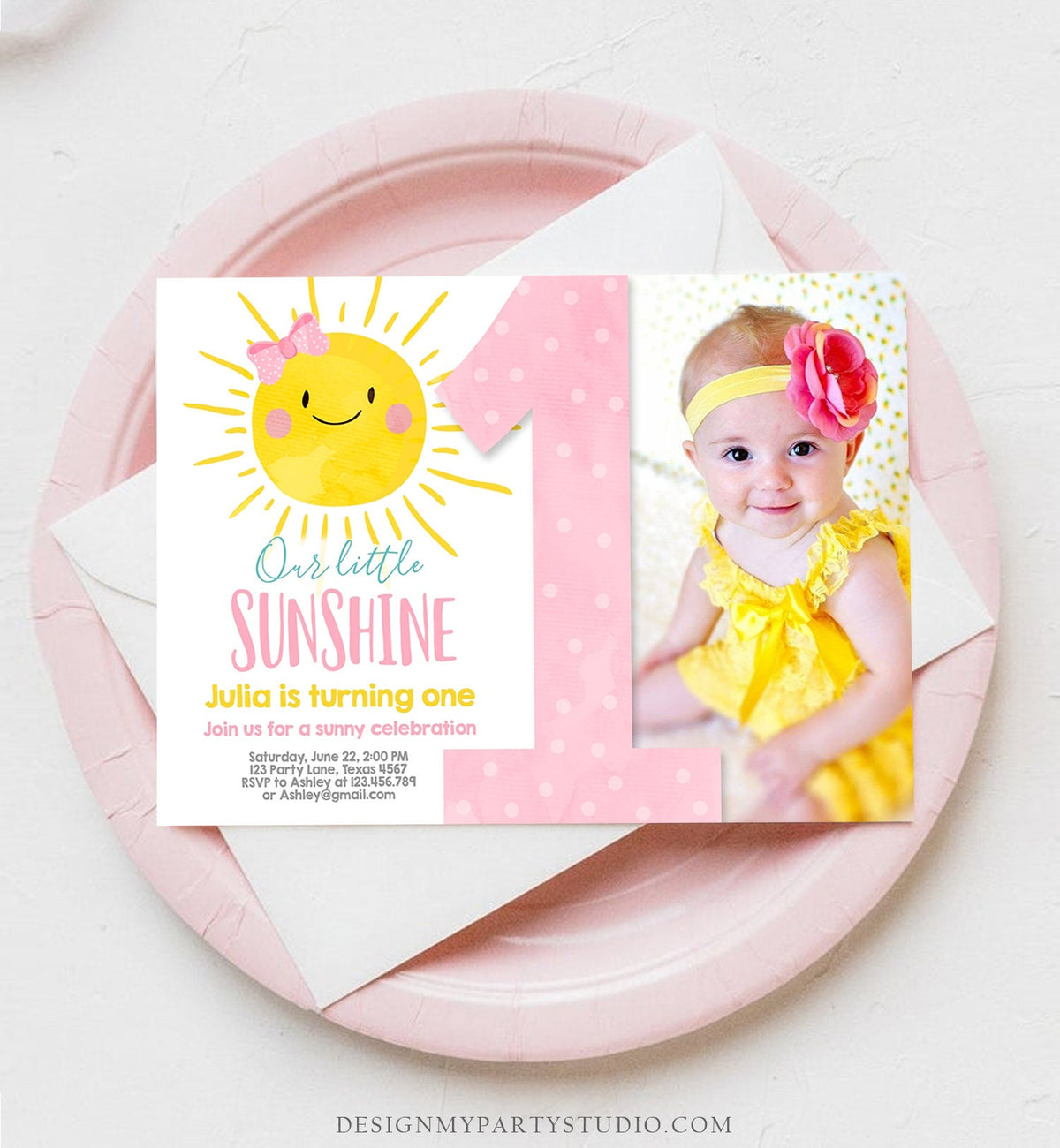 Editable Our Little Sunshine Birthday Invitation You Are My Sunshine Blush Pink Girl Summer First Birthday Download Corjl Template 0141