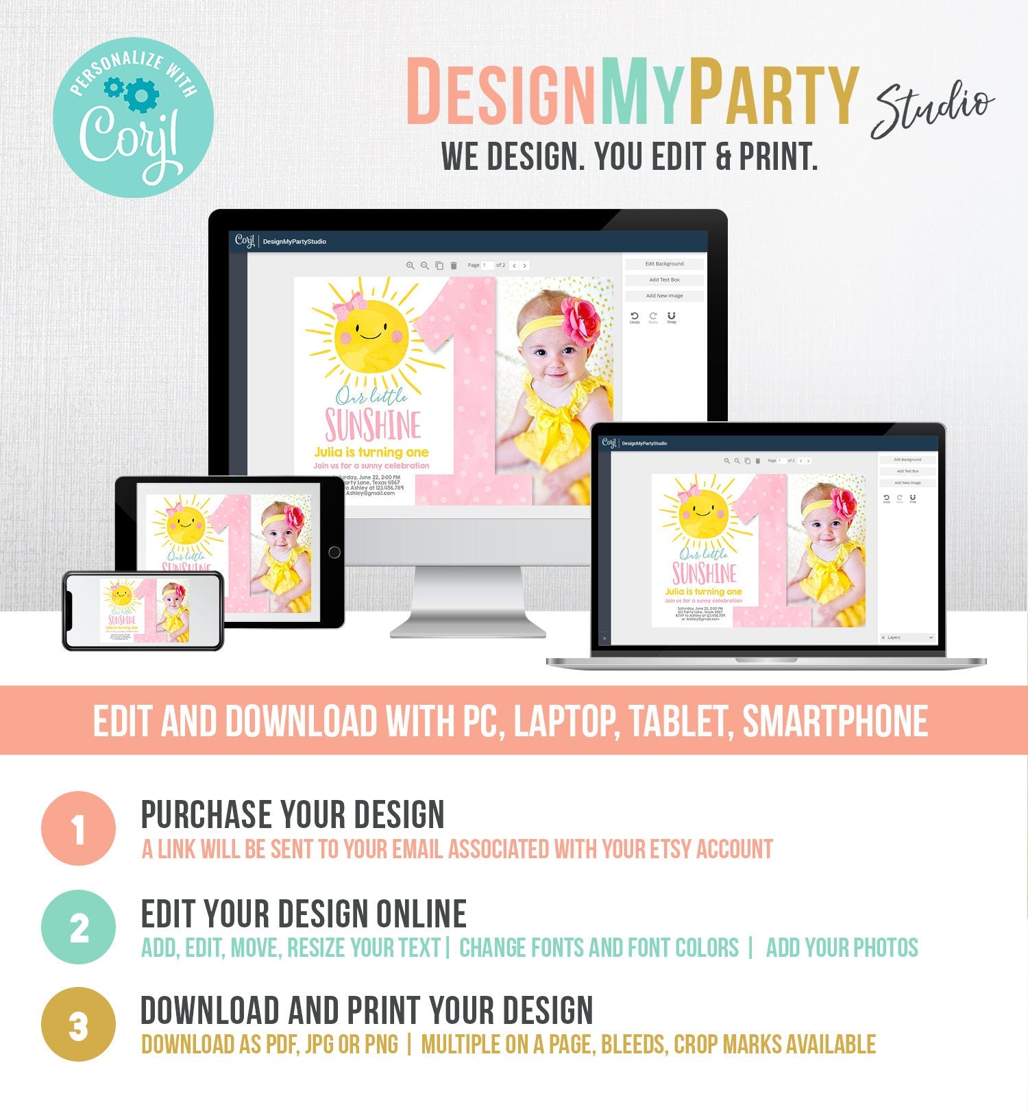 Editable Our Little Sunshine Birthday Invitation You Are My Sunshine Blush Pink Girl Summer First Birthday Download Corjl Template 0141