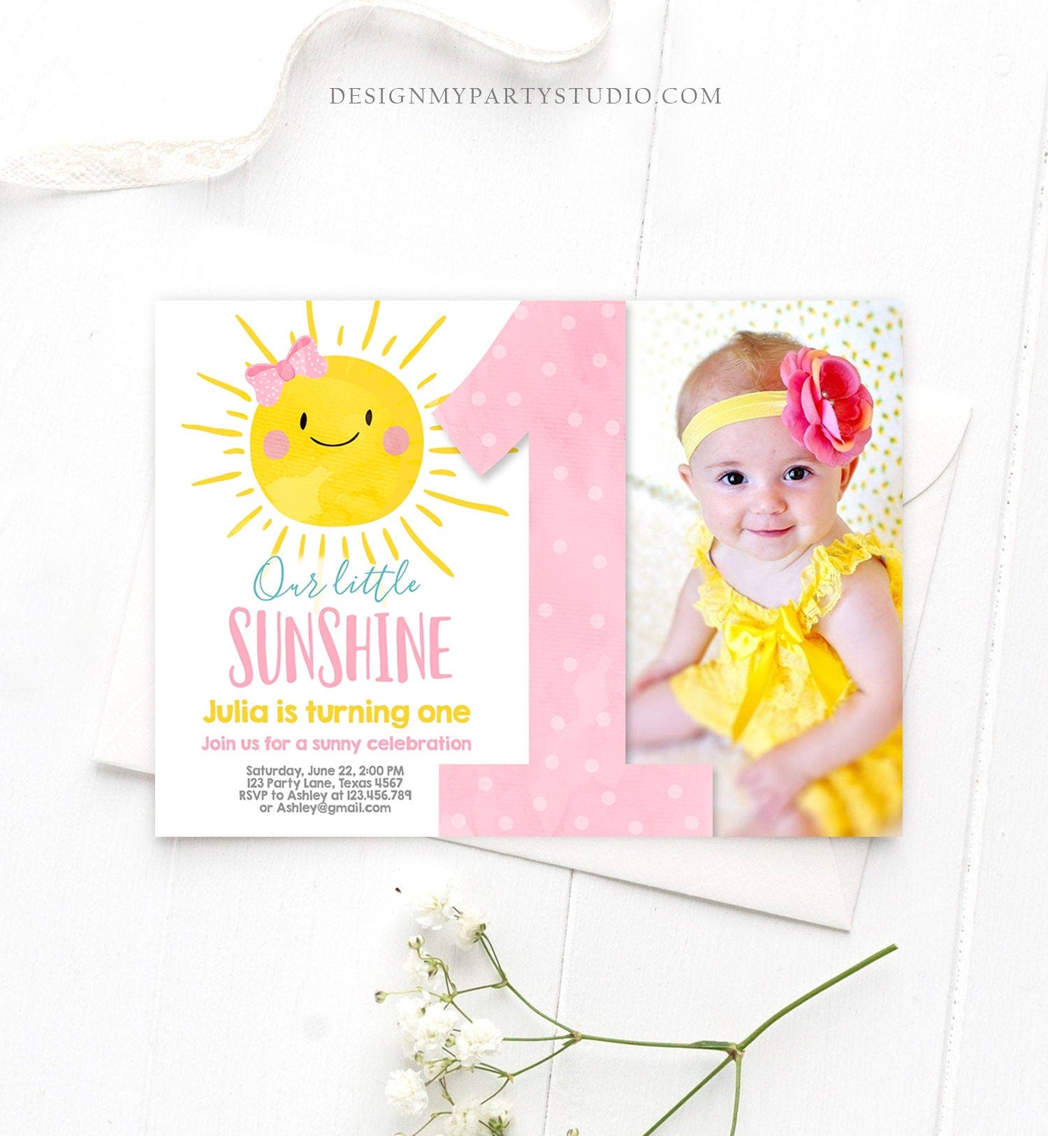 Editable Our Little Sunshine Birthday Invitation You Are My Sunshine Blush Pink Girl Summer First Birthday Download Corjl Template 0141
