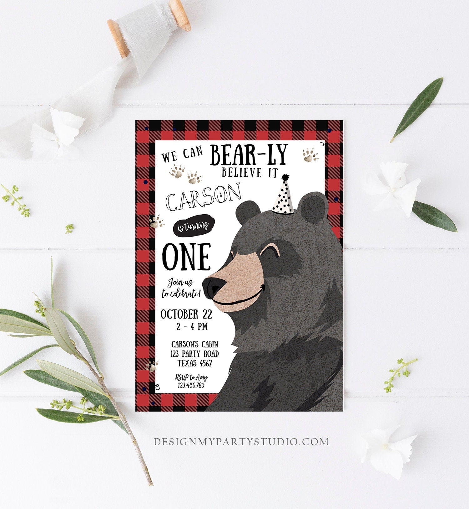 Editable Lumberjack Birthday Invitation First Birthday Buffalo Plaid Outdoor Bear Little Cub Party Boy 1st Printable Corjl Template 0266
