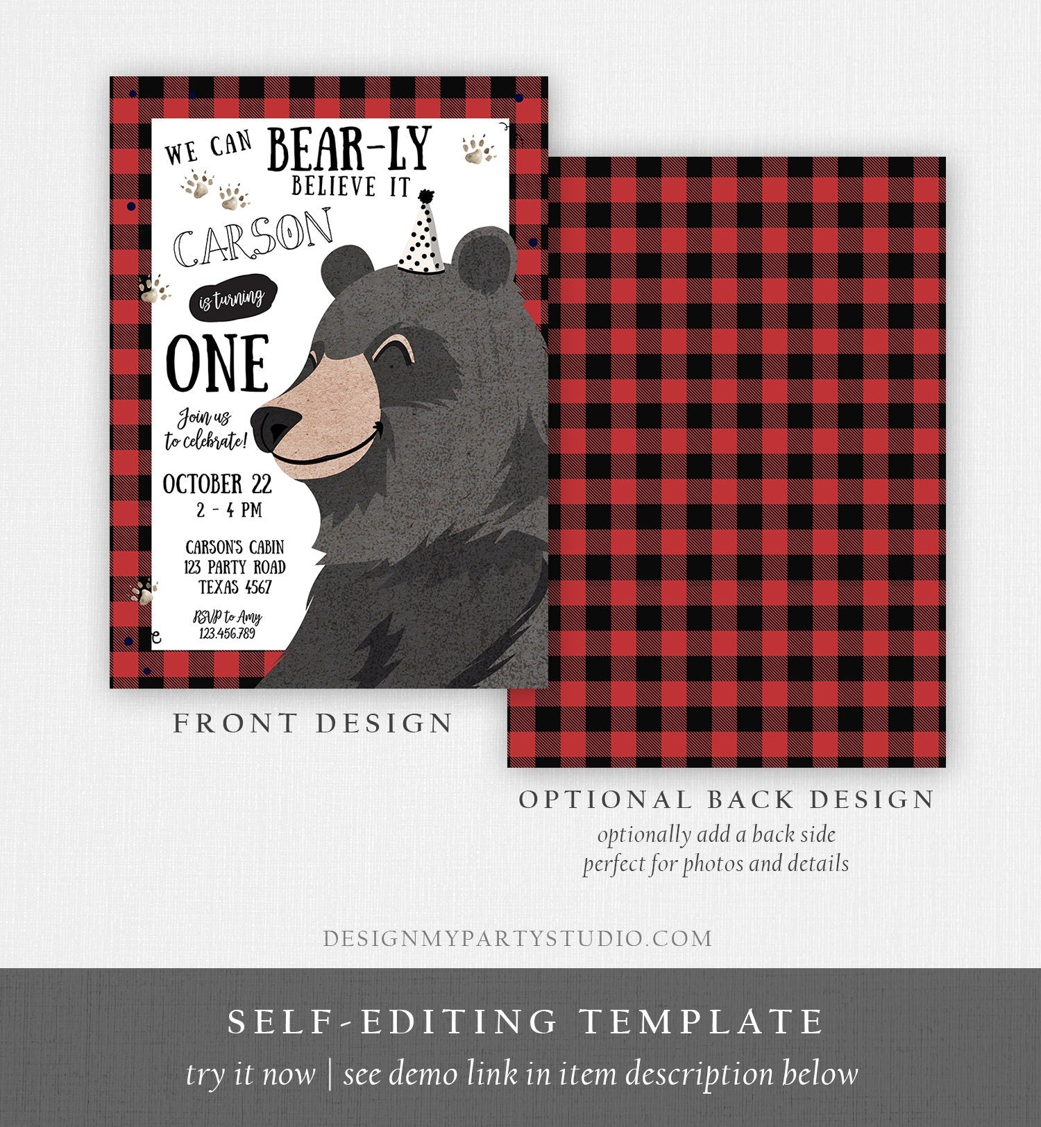 Editable Lumberjack Birthday Invitation First Birthday Buffalo Plaid Outdoor Bear Little Cub Party Boy 1st Printable Corjl Template 0266