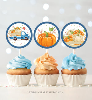 Pumpkin Birthday Cupcake Toppers Favor Tags Blue Pumpkin Truck Birthday Party Decor Stickers Fall Boy Download Digital PRINTABLE 0153