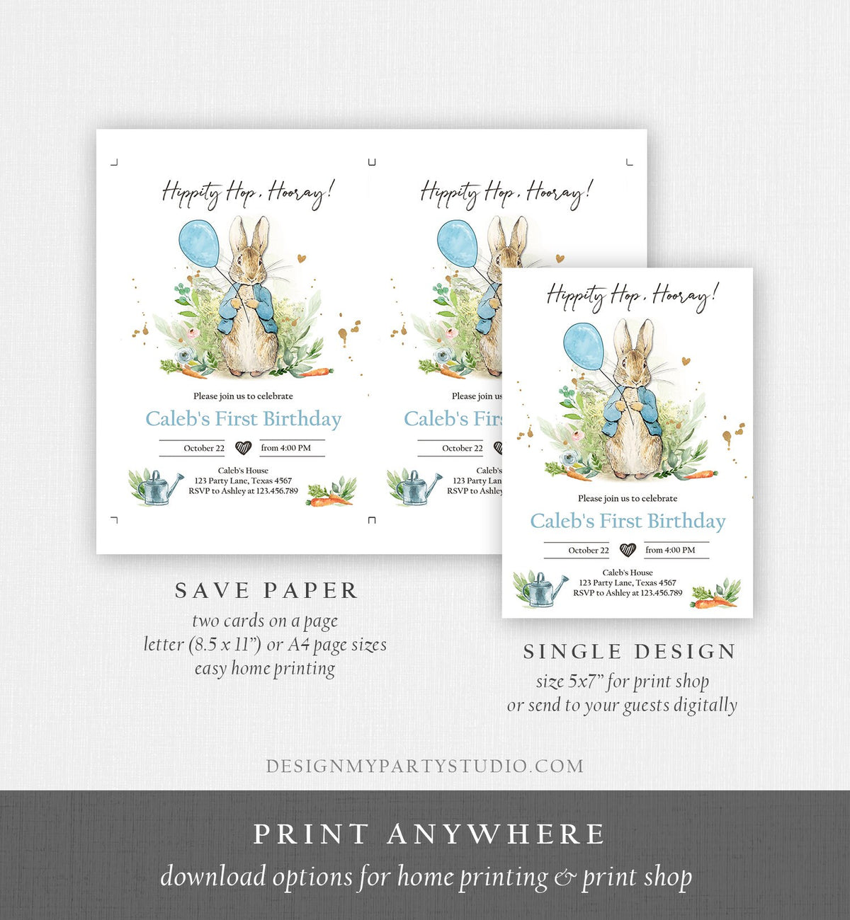 Editable Peter Rabbit Birthday Invitation Boy Blue Rustic Peter Rabbit 1st Birthday Invite Watercolor Digital Corjl Template Printable 0351