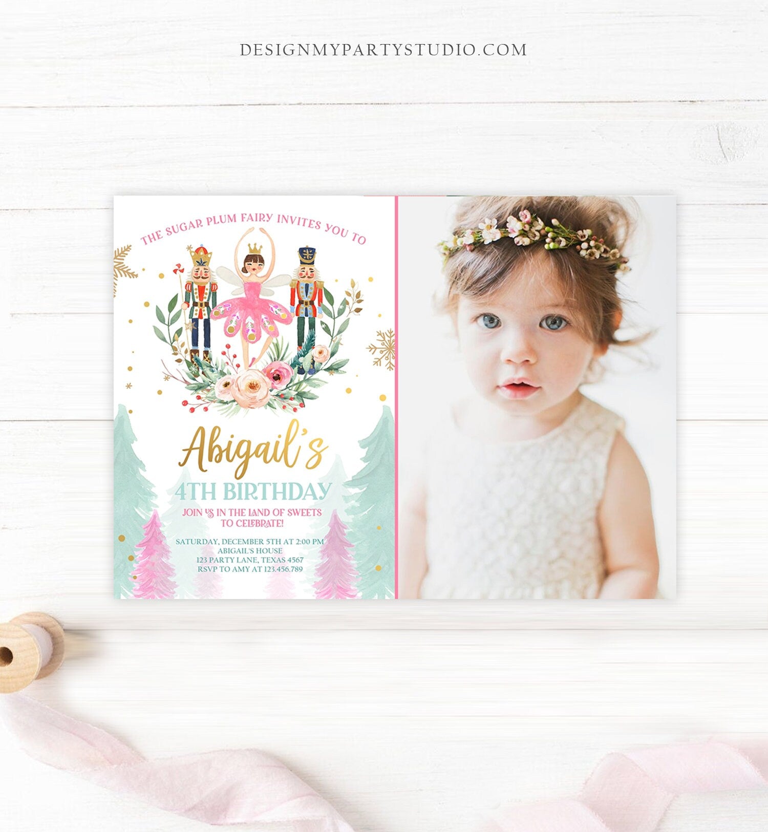 Editable Nutcracker Birthday Invitation Ballet Christmas Birthday Invite Pink Girl Sugar Plum Fairy Download Printable Template Corjl 0352