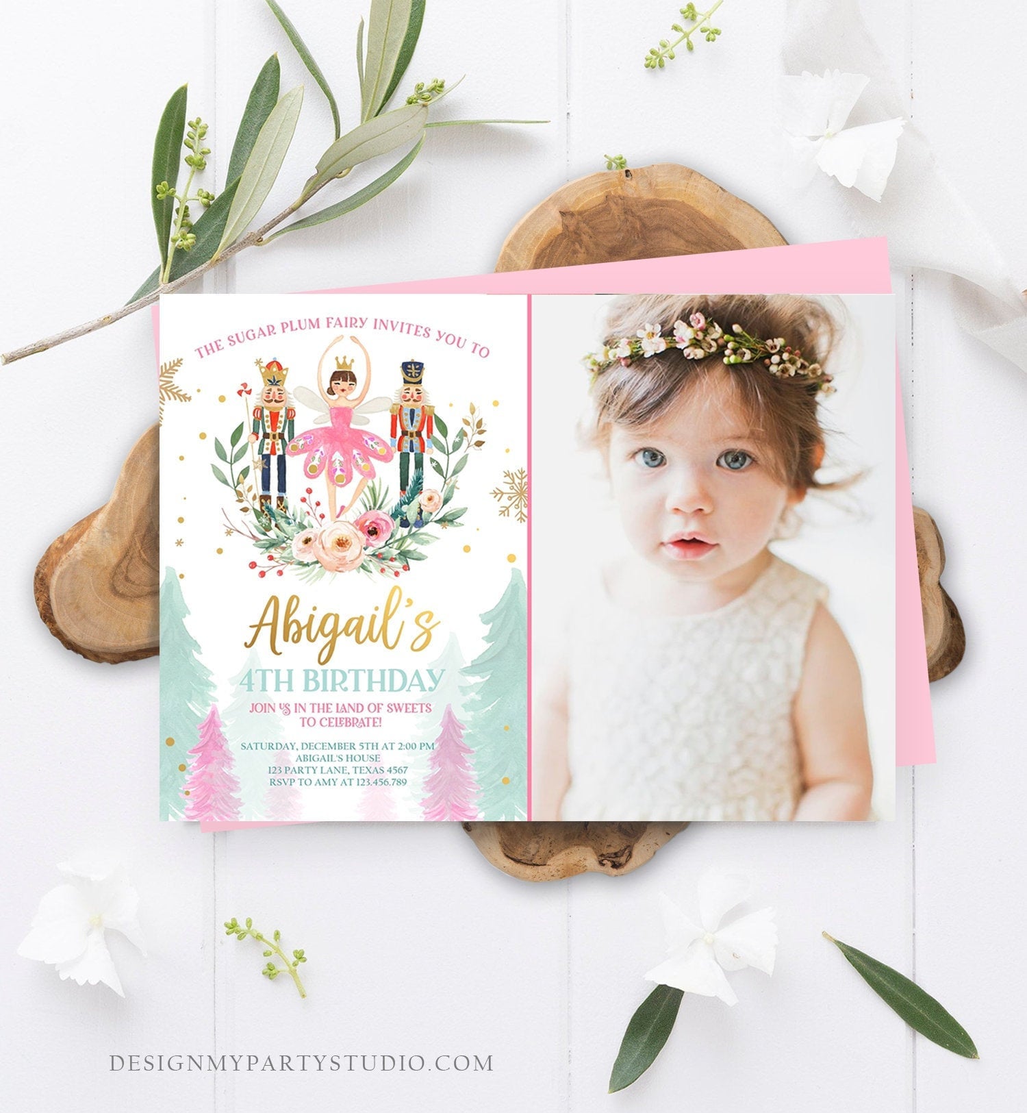 Editable Nutcracker Birthday Invitation Ballet Christmas Birthday Invite Pink Girl Sugar Plum Fairy Download Printable Template Corjl 0352