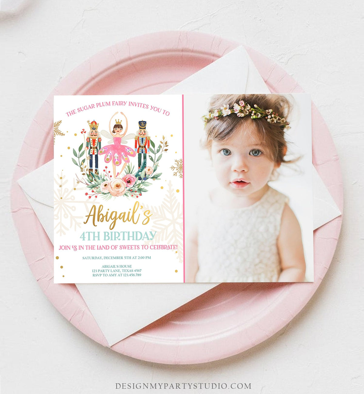 Editable Nutcracker Birthday Invitation Ballet Christmas Birthday Invite Pink Girl Sugar Plum Fairy Download Printable Template Corjl 0352