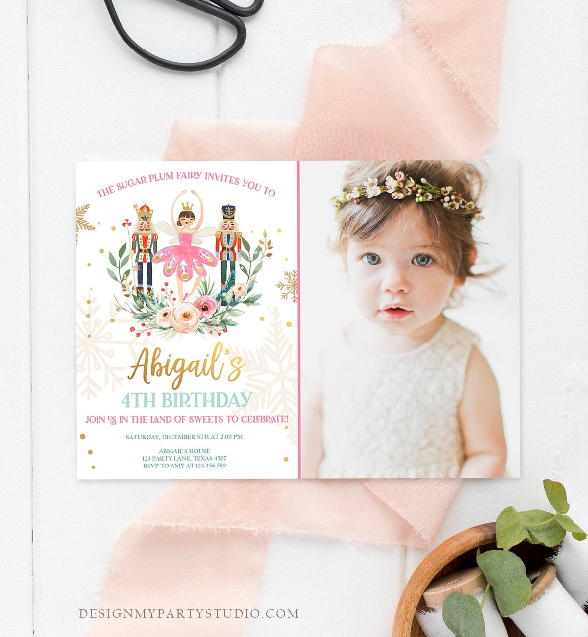 Editable Nutcracker Birthday Invitation Ballet Christmas Birthday Invite Pink Girl Sugar Plum Fairy Download Printable Template Corjl 0352