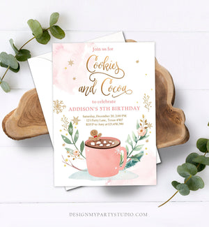 Editable Cookies and Cocoa Invitation Hot Cocoa Party Hot Chocolate Christmas Birthday Girl Pink Gold Download Printable Template Corjl 0353
