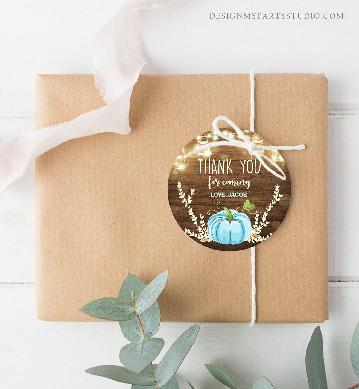 Editable Little Pumpkin Favor Tags Thank You Tag Birthday Baby Shower Fall Sticker Blue Pumpkin Decor Boy Corjl Template Printable 0015