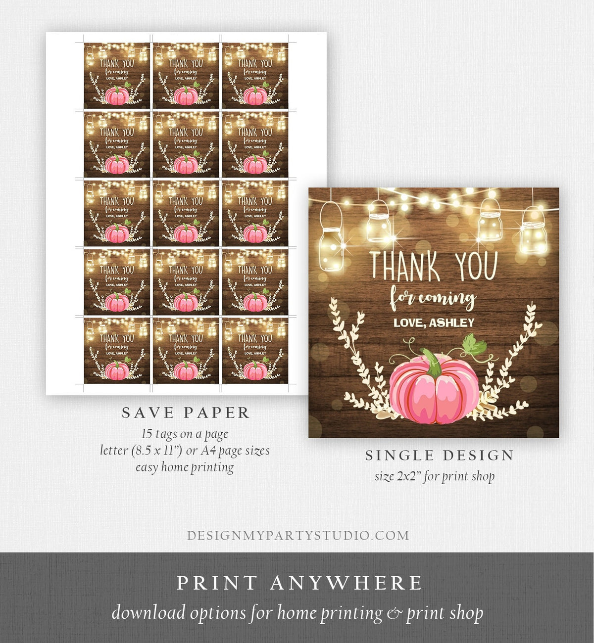 Editable Little Pumpkin Favor Tags Thank You Tag Birthday Baby Shower Fall Sticker Pink Pumpkin Decor Girl Corjl Template Printable 0015