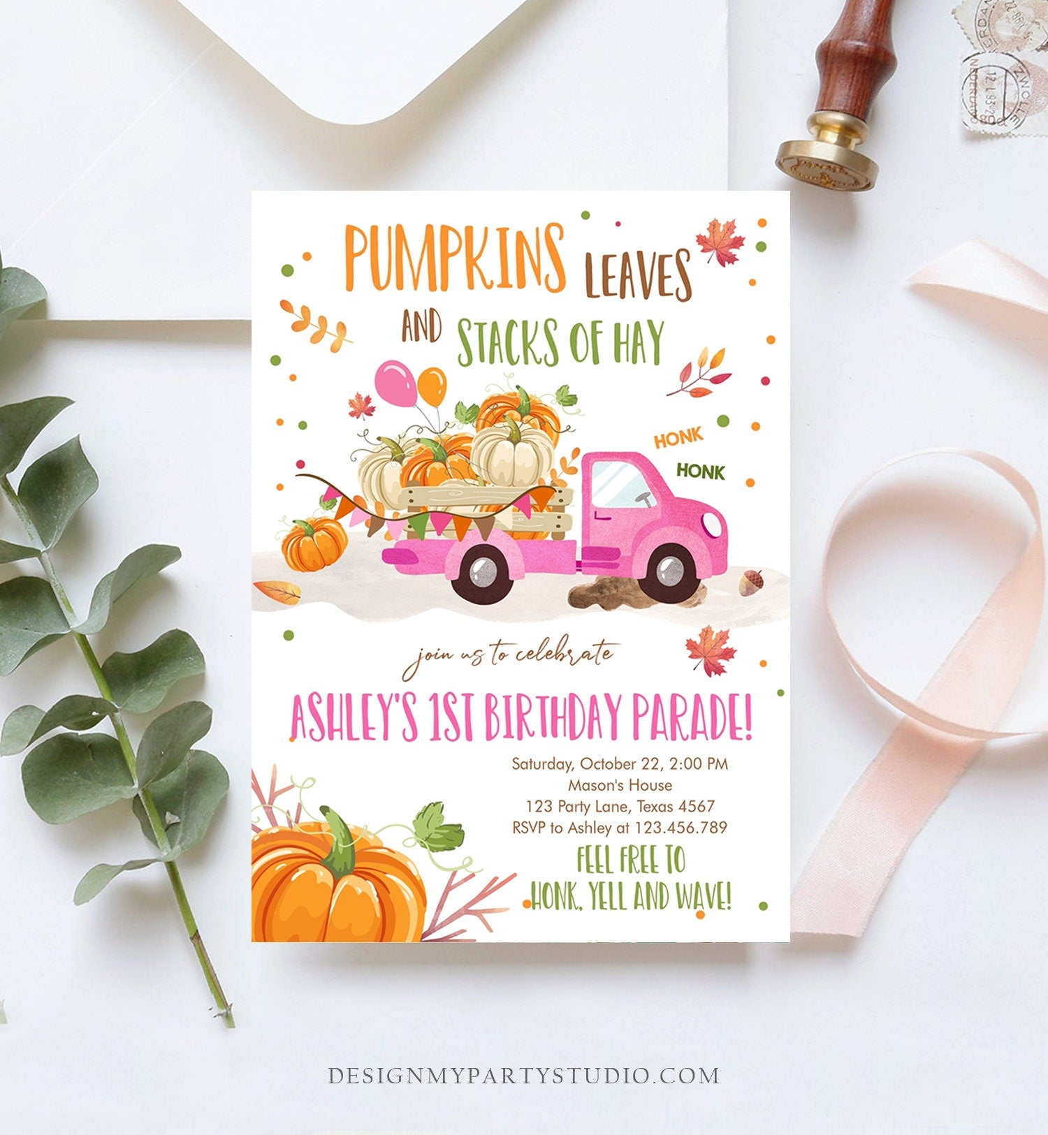 Editable Pumpkin Truck Drive By Birthday Parade Invitation Girl Virtual Party Invite Honk Car Quarantine Fall Download Digital Corjl 0153