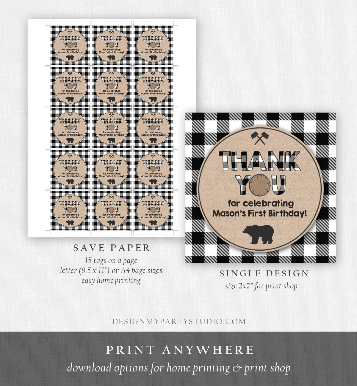Editable Lumberjack Favor Tags Thank You Lumberjack Birthday Round Square Tag Sticker Label Buffalo Plaid Bear Corjl Template Printable 0026