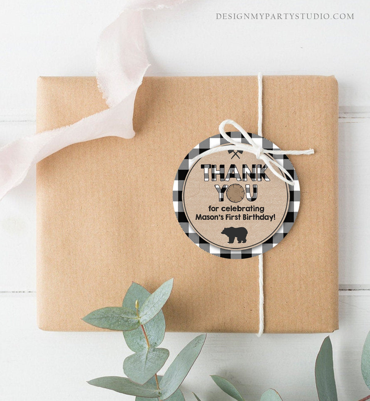 Editable Lumberjack Favor Tags Thank You Lumberjack Birthday Round Square Tag Sticker Label Buffalo Plaid Bear Corjl Template Printable 0026