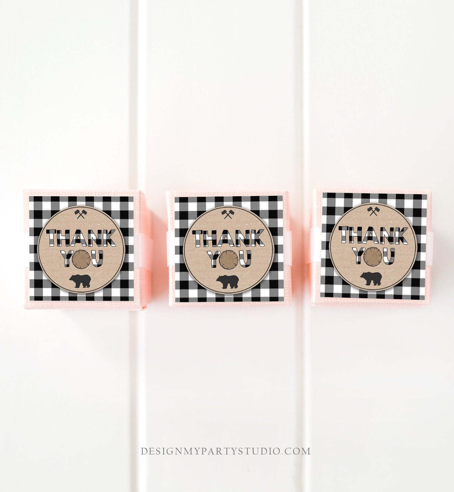 Editable Lumberjack Favor Tags Thank You Lumberjack Birthday Round Square Tag Sticker Label Buffalo Plaid Bear Corjl Template Printable 0026