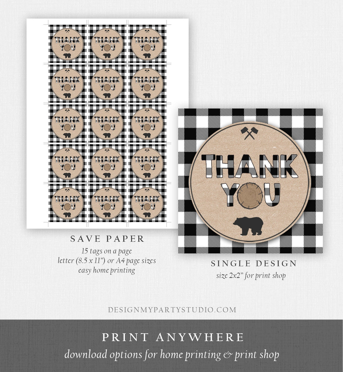 Editable Lumberjack Favor Tags Thank You Lumberjack Birthday Round Square Tag Sticker Label Buffalo Plaid Bear Corjl Template Printable 0026