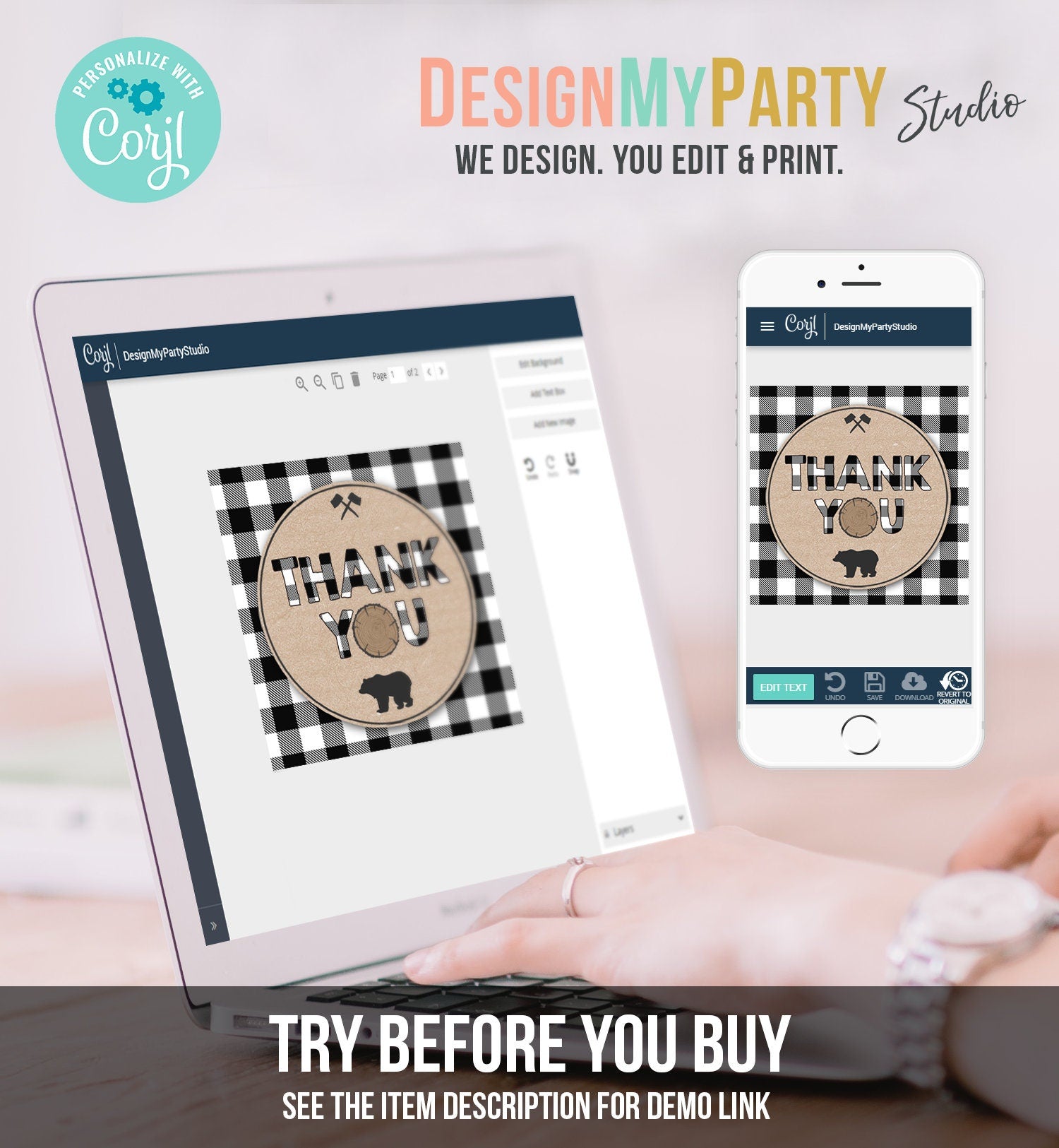 Editable Lumberjack Favor Tags Thank You Lumberjack Birthday Round Square Tag Sticker Label Buffalo Plaid Bear Corjl Template Printable 0026