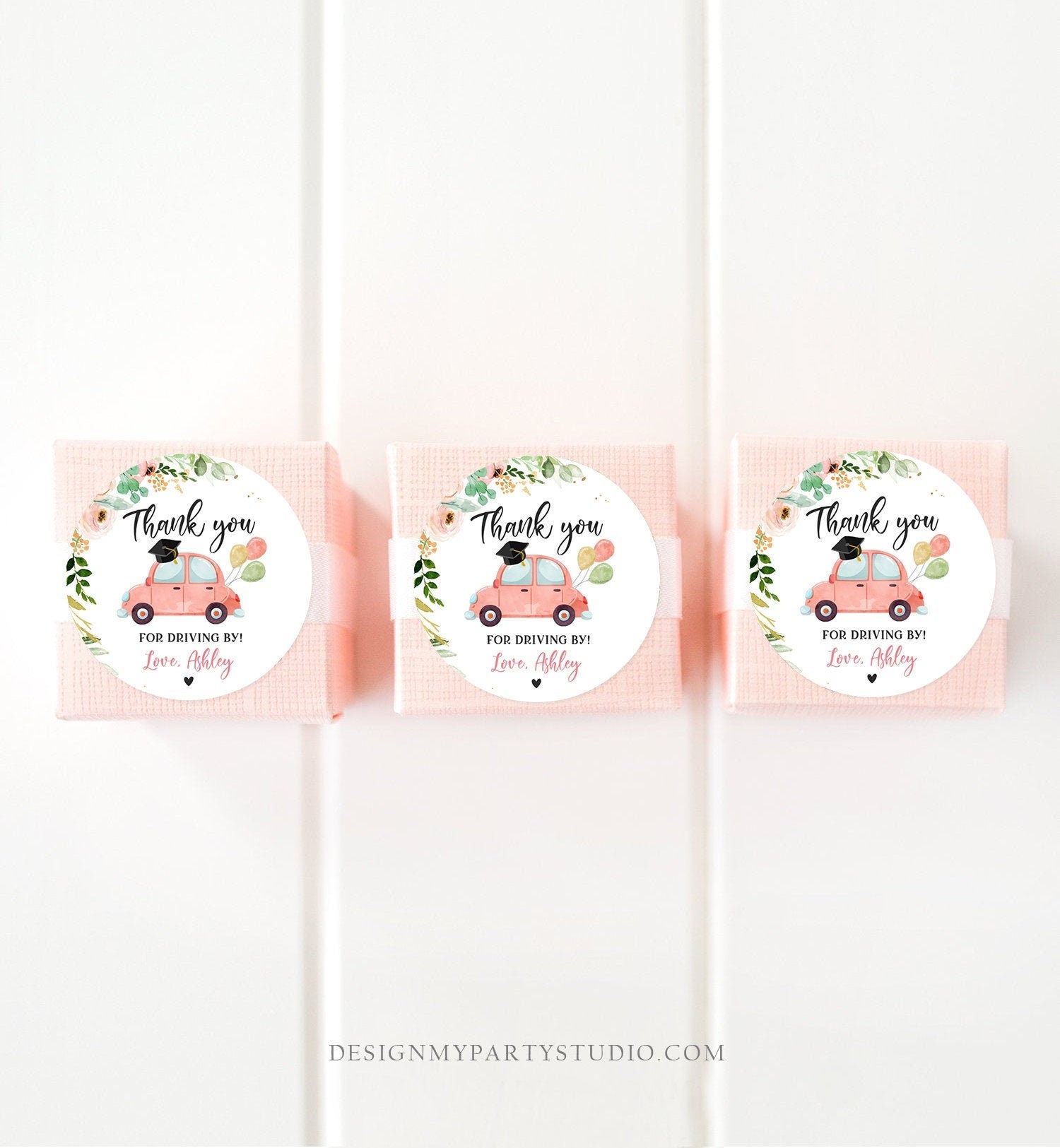 Editable Drive By Favor Tag Thank You Driving By Graduation Pjnk Floral Parade Gift Tags Quarantine Girl Digital Corjl Template 0346