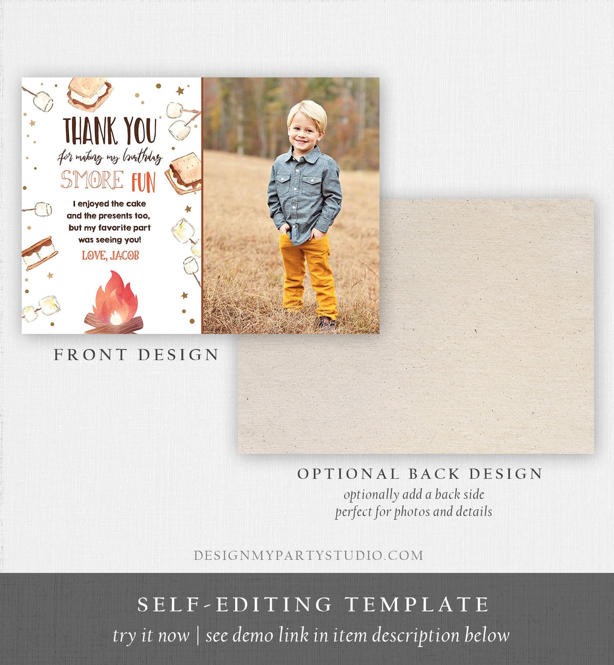 Editable S&#39;more Birthday Thank you Card Smore Fun With You Thank You Rustic Camping Fall Autumn Template Instant Download Corjl 0179
