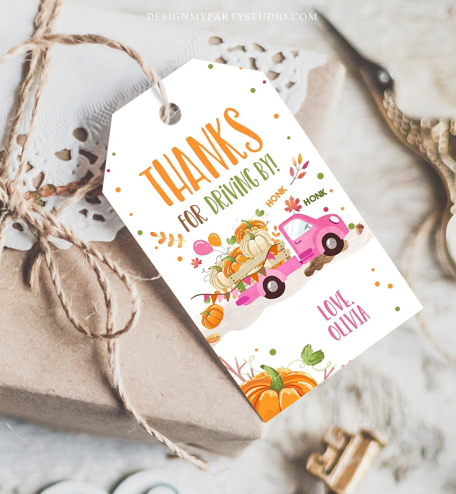 Editable Pumpkin Truck Favor Tag Drive By Birthday Favors Pink Girl Party Parade Fall Thank You Gift Tags Corjl Template Printable 0153