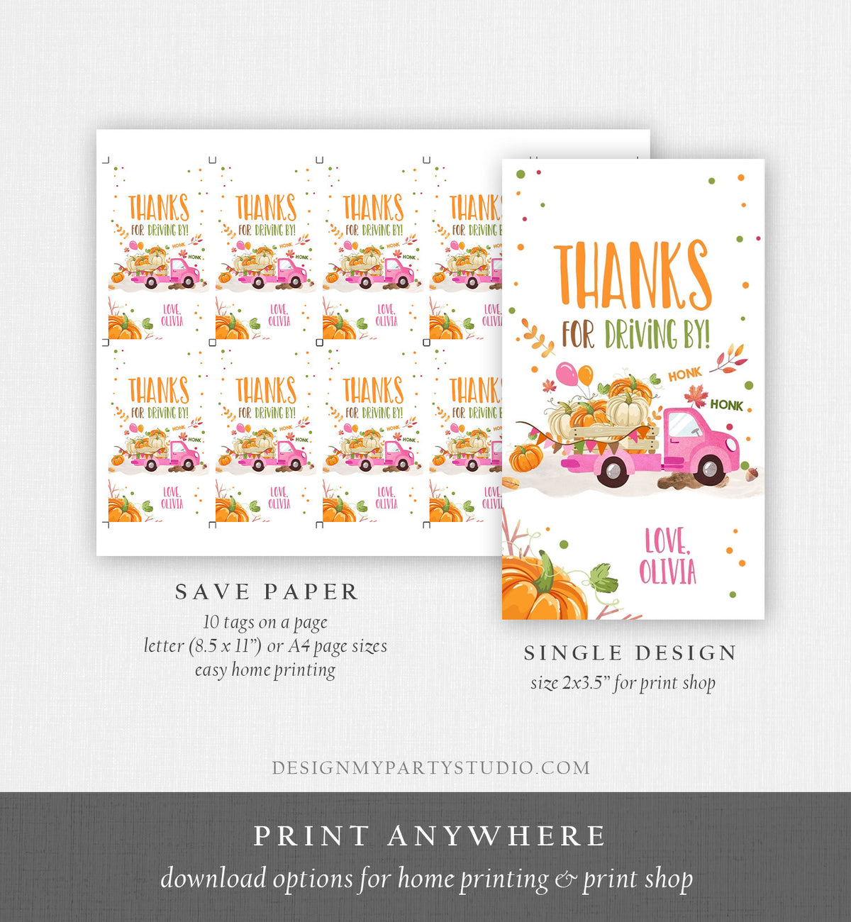 Editable Pumpkin Truck Favor Tag Drive By Birthday Favors Pink Girl Party Parade Fall Thank You Gift Tags Corjl Template Printable 0153