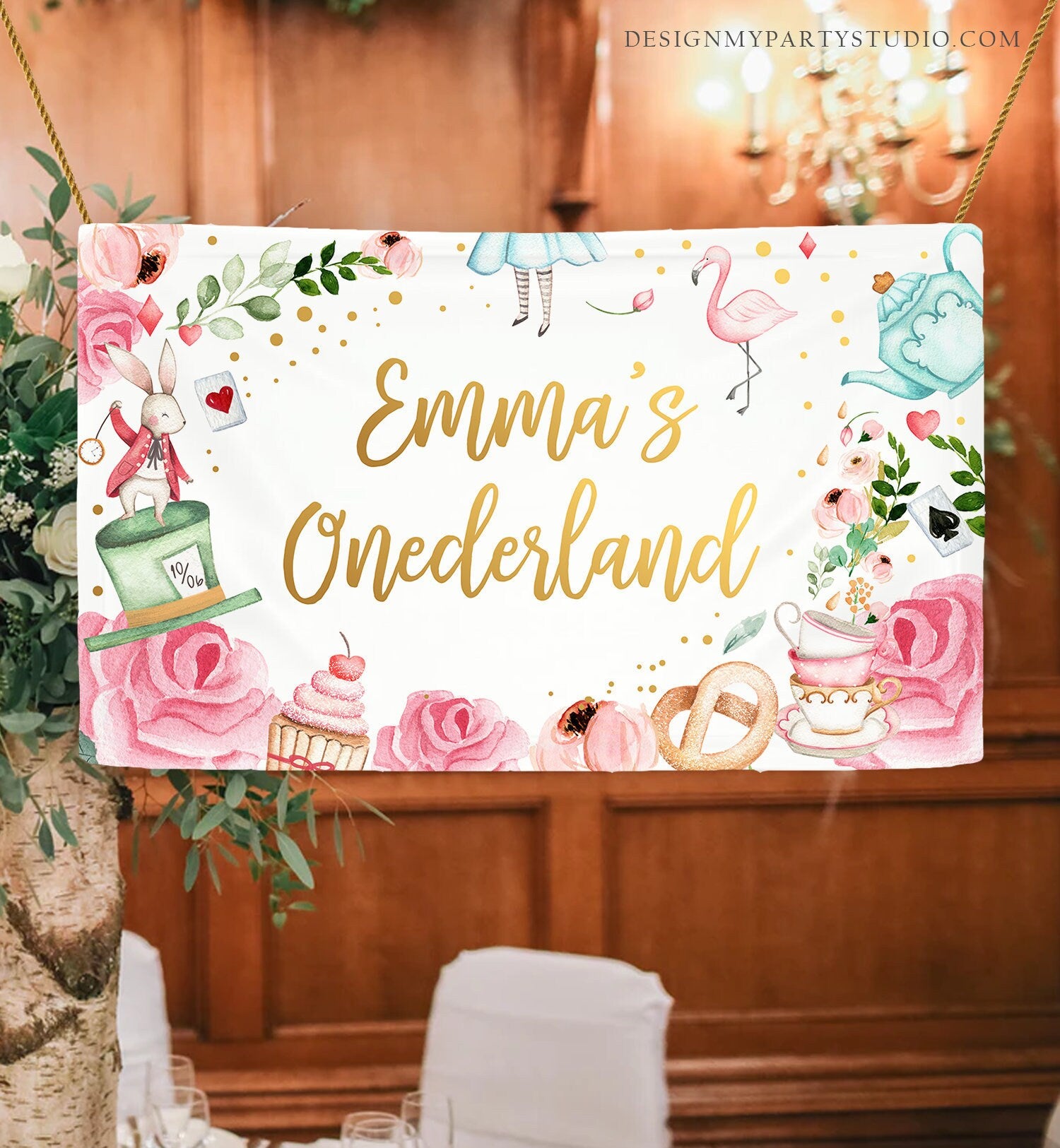 Editable Alice in Onederland Birthday Backdrop Alice in Wonderland Girl Pink First Birthday 1st Mad Tea Party Corjl Template Printable 0350