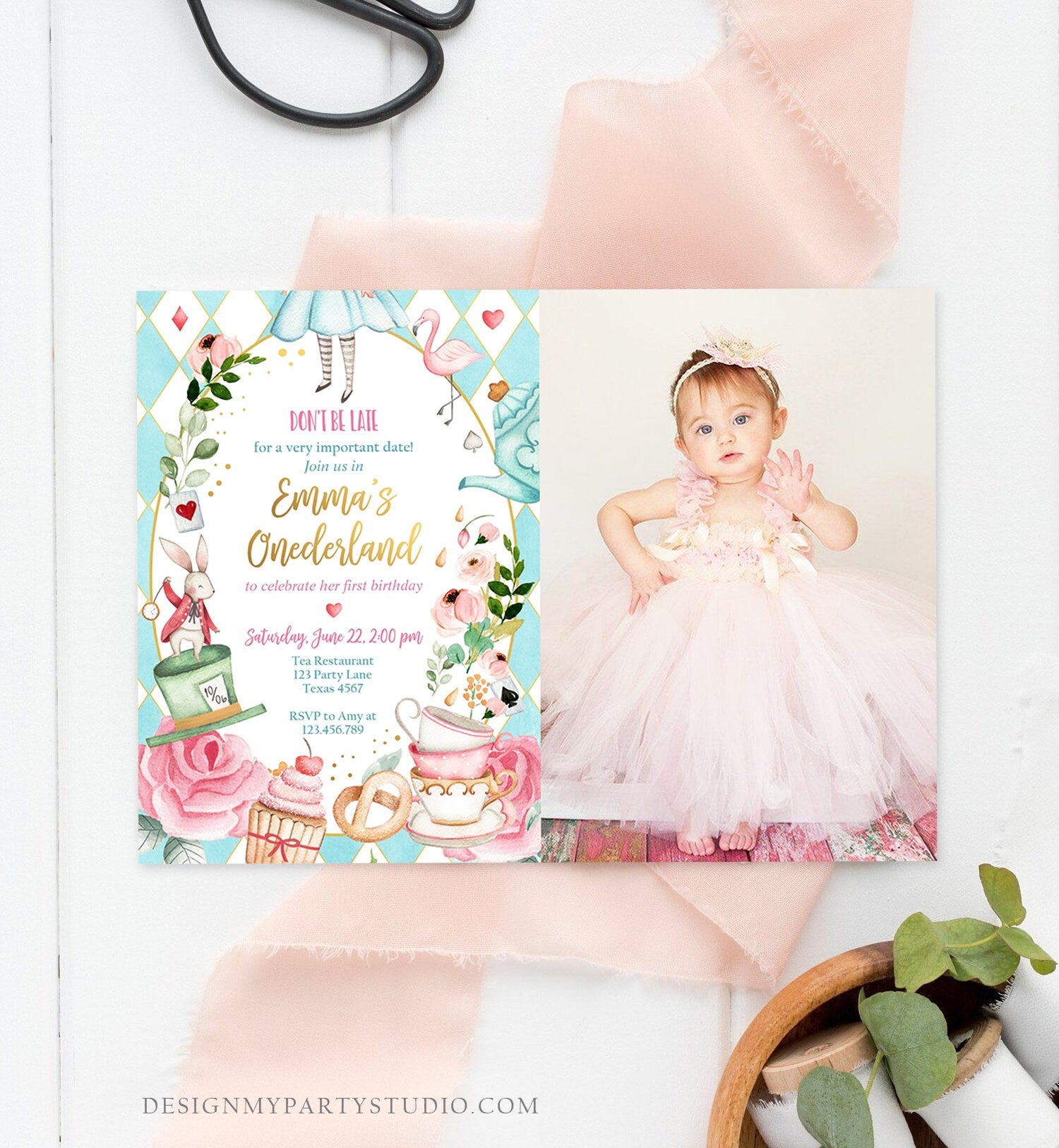 Editable Alice In Wonderland Birthday Invitation Girl First Birthday 1st Onederland Tea Party Photo Printable Template Corjl Digital 0350