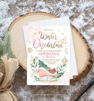 Editable Winter Onederland Invitation 1st Birthday Girl Blush Pink Gold Christmas Sleigh Little Snowflake Floral Printable Template DIY 0353
