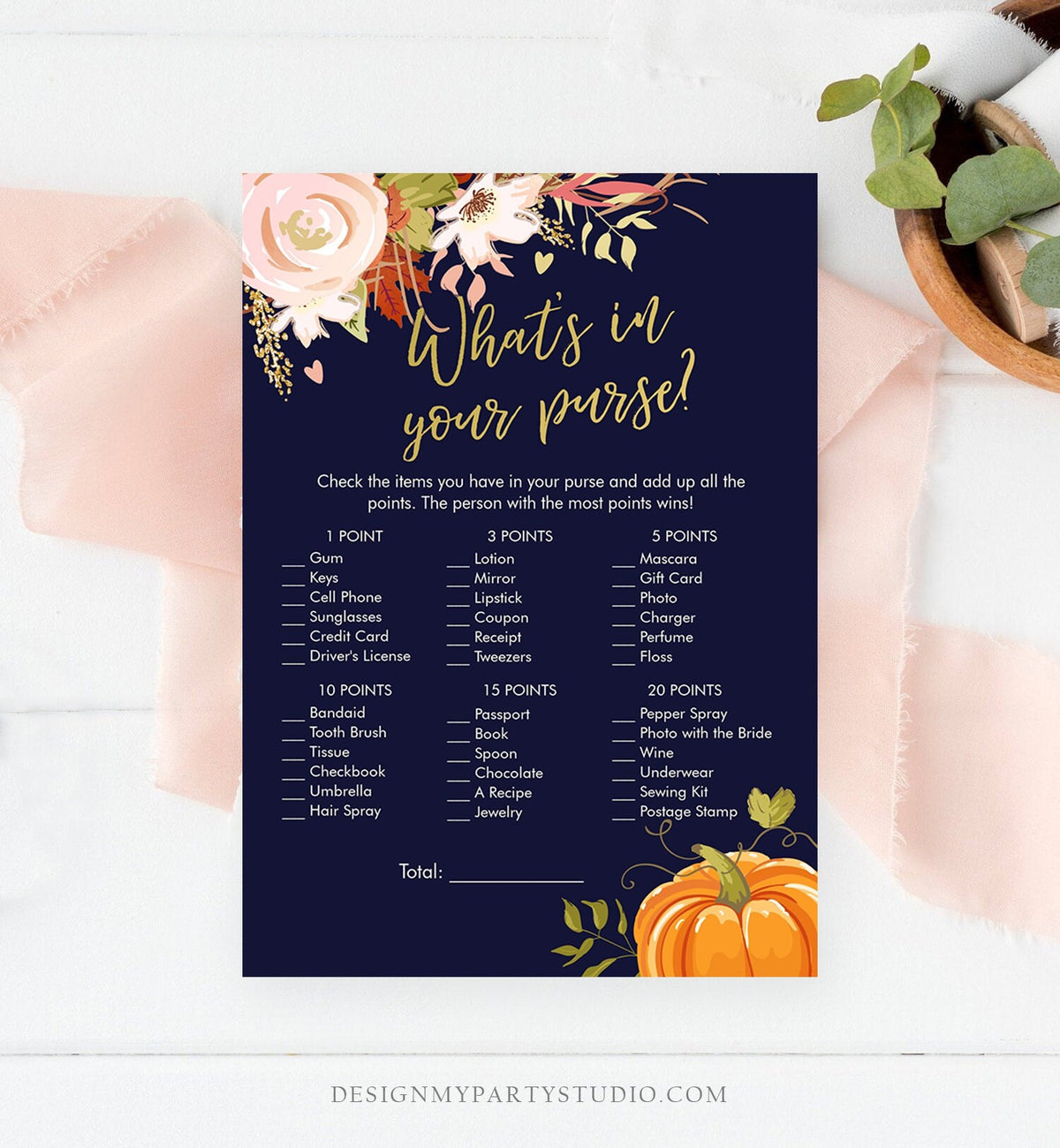 Editable What&#39;s in Your Purse Bridal Shower Game Fall in Love Autumn Pumpkin Floral Coed Wedding Activity Corjl Template Printable 0176