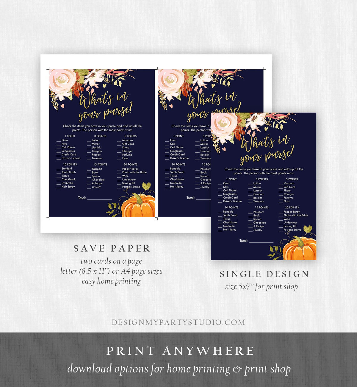 Editable What&#39;s in Your Purse Bridal Shower Game Fall in Love Autumn Pumpkin Floral Coed Wedding Activity Corjl Template Printable 0176