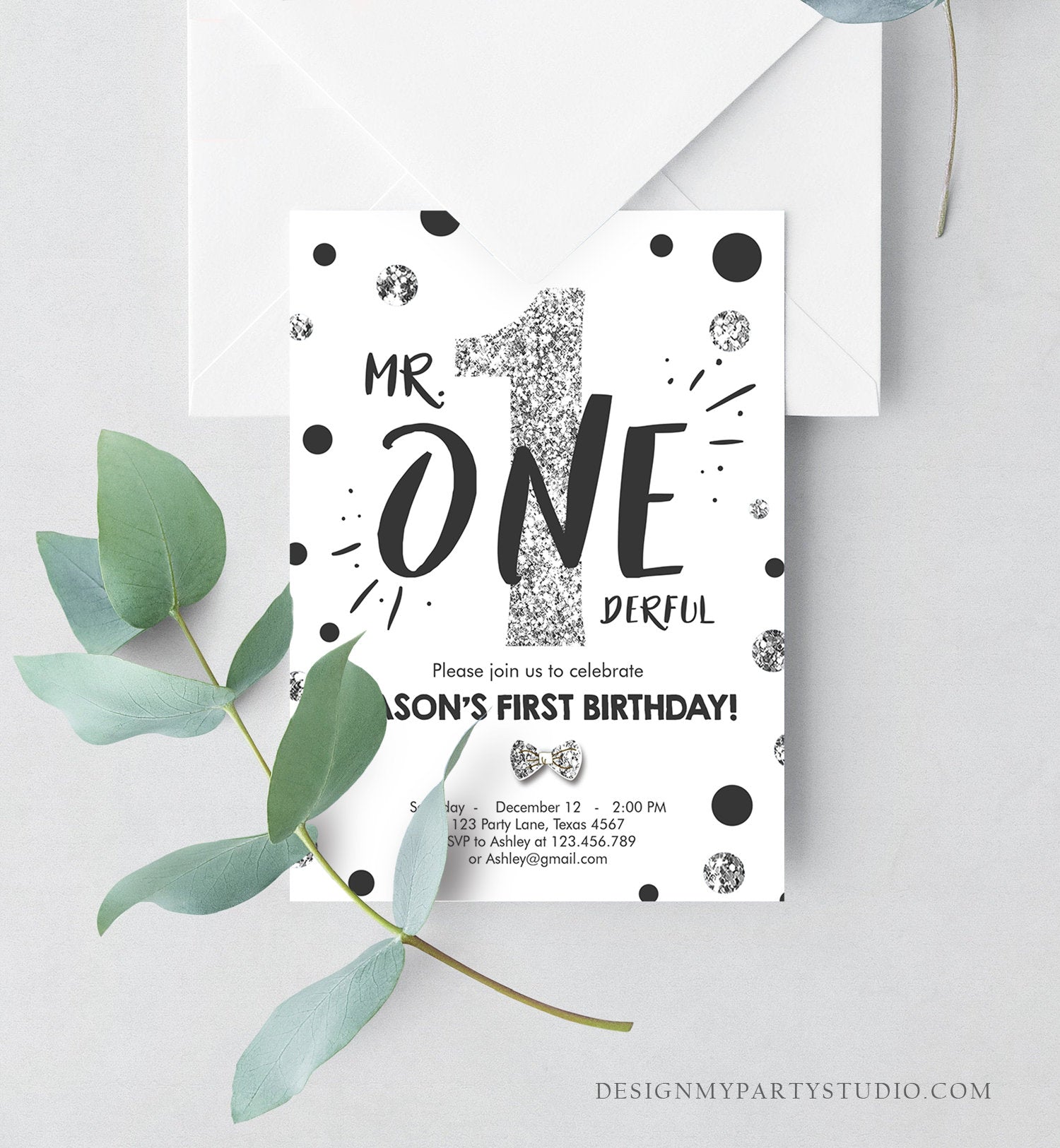 Editable Mr Onederful Birthday Invitation Black Silver Boy First Birthday Bow Tie Confetti Birthday Download Printable Template Corjl 0072