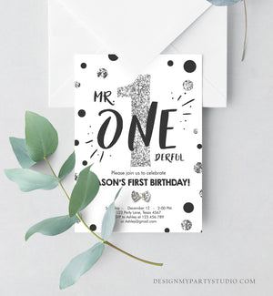Editable Mr Onederful Birthday Invitation Black Silver Boy First Birthday Bow Tie Confetti Birthday Download Printable Template Corjl 0072