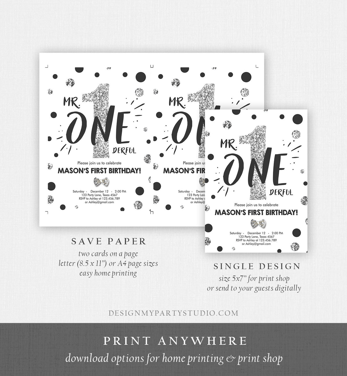 Editable Mr Onederful Birthday Invitation Black Silver Boy First Birthday Bow Tie Confetti Birthday Download Printable Template Corjl 0072