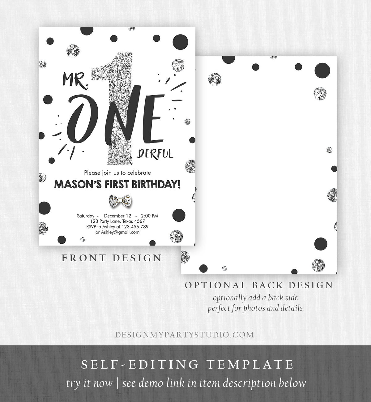 Editable Mr Onederful Birthday Invitation Black Silver Boy First Birthday Bow Tie Confetti Birthday Download Printable Template Corjl 0072