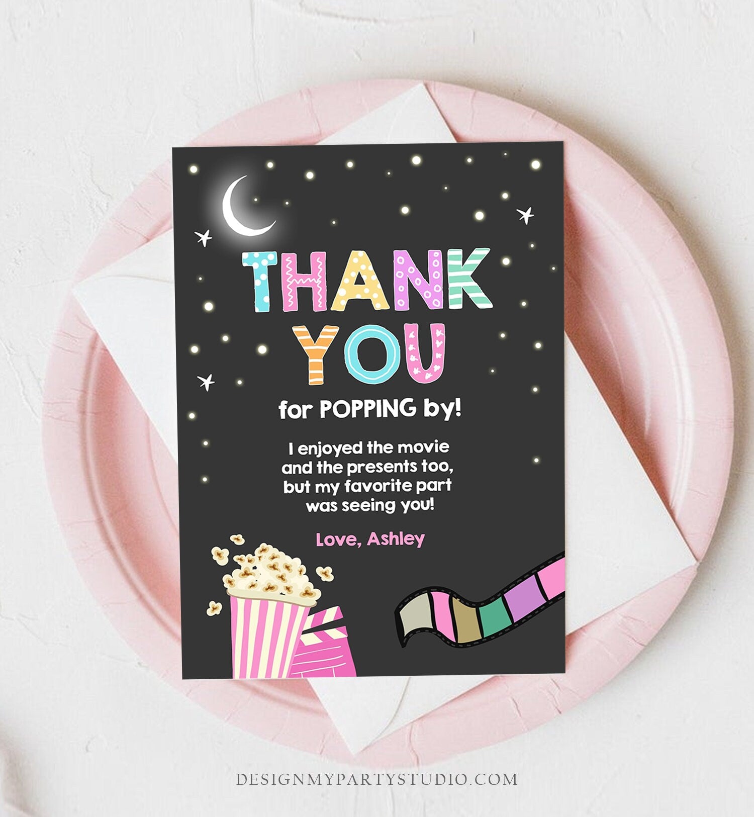 Editable Movie Night Thank You Card Under the Stars Backyard Movie Night Party Birthday Popping By Download Printable Template Corjl 0042