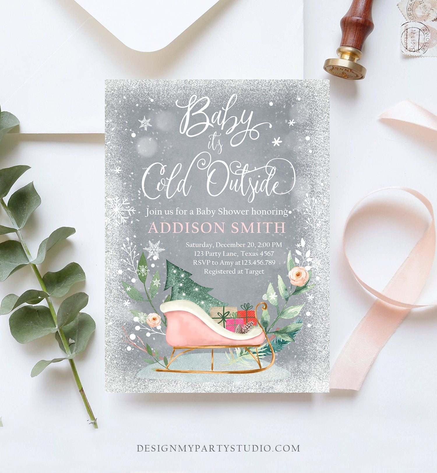 Editable Baby Its Cold Outside Winter Baby Shower Invitation It's Cold Outside Gender Neutral Pink Girl Template Instant Download Corjl 0353