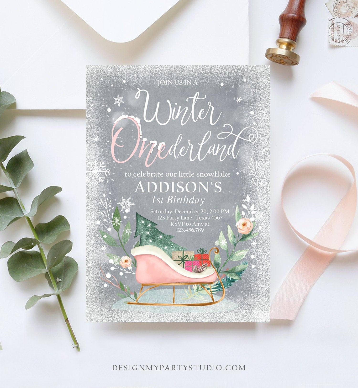 Editable Winter Onederland Invitation 1st Birthday Girl Blush Pink Gold Christmas Sleigh Little Snowflake Floral Printable Template DIY 0353