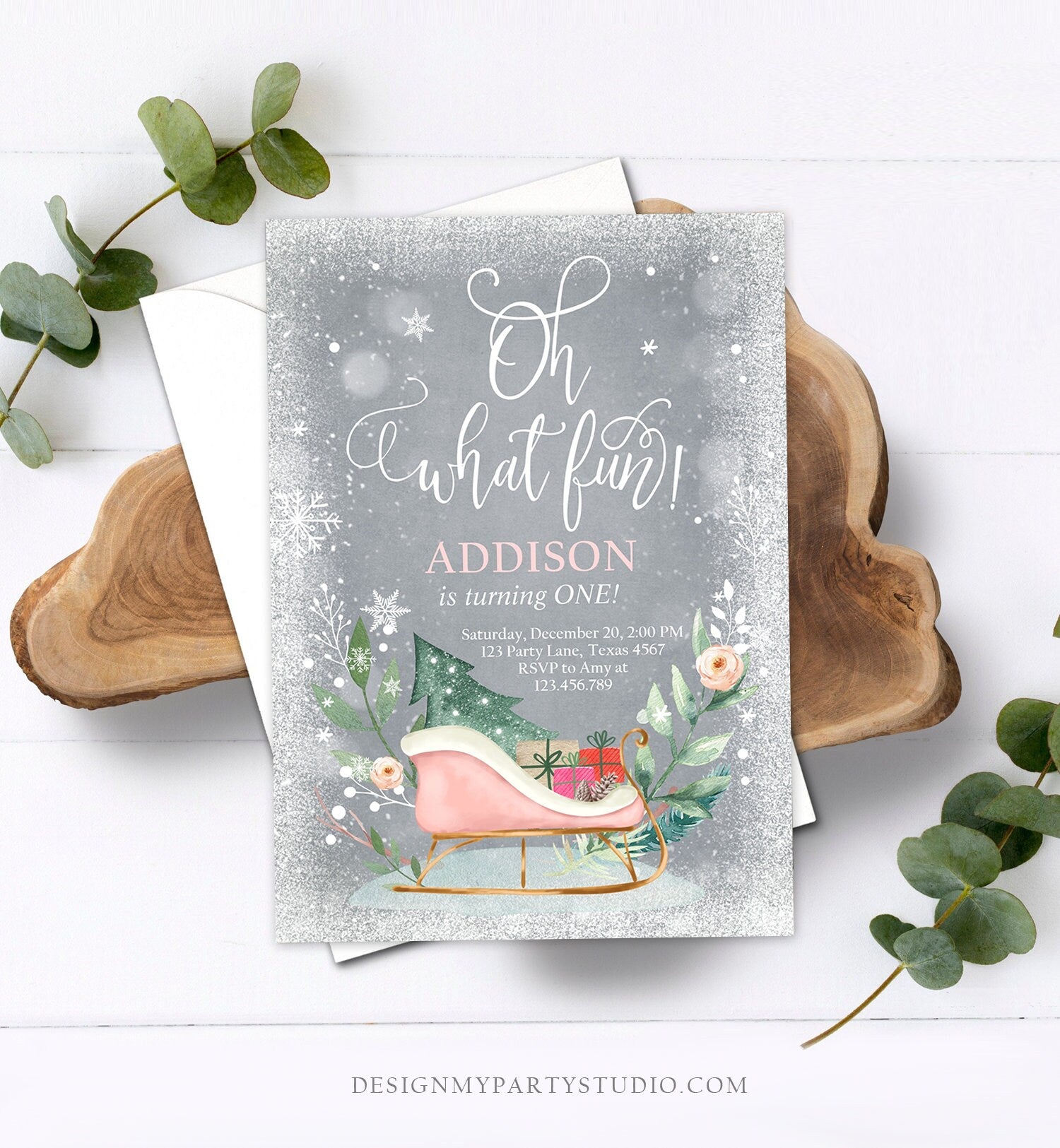 Editable Oh What Fun! Holiday 1st Winter Birthday Invitation Winter Christmas Party Sleigh Trees Girl Pink Gold Printable Template DIY 0353
