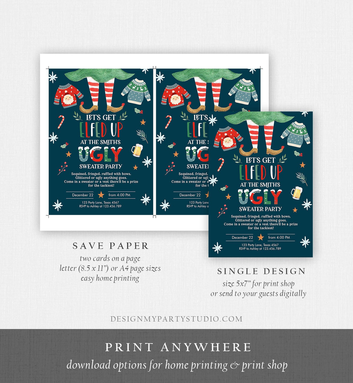 Editable Let&#39;s Get Elfed Up Christmas Party Invitation Framily Holiday Invitation Ugly Sweater Invite Elf Printable Corjl Template 0354