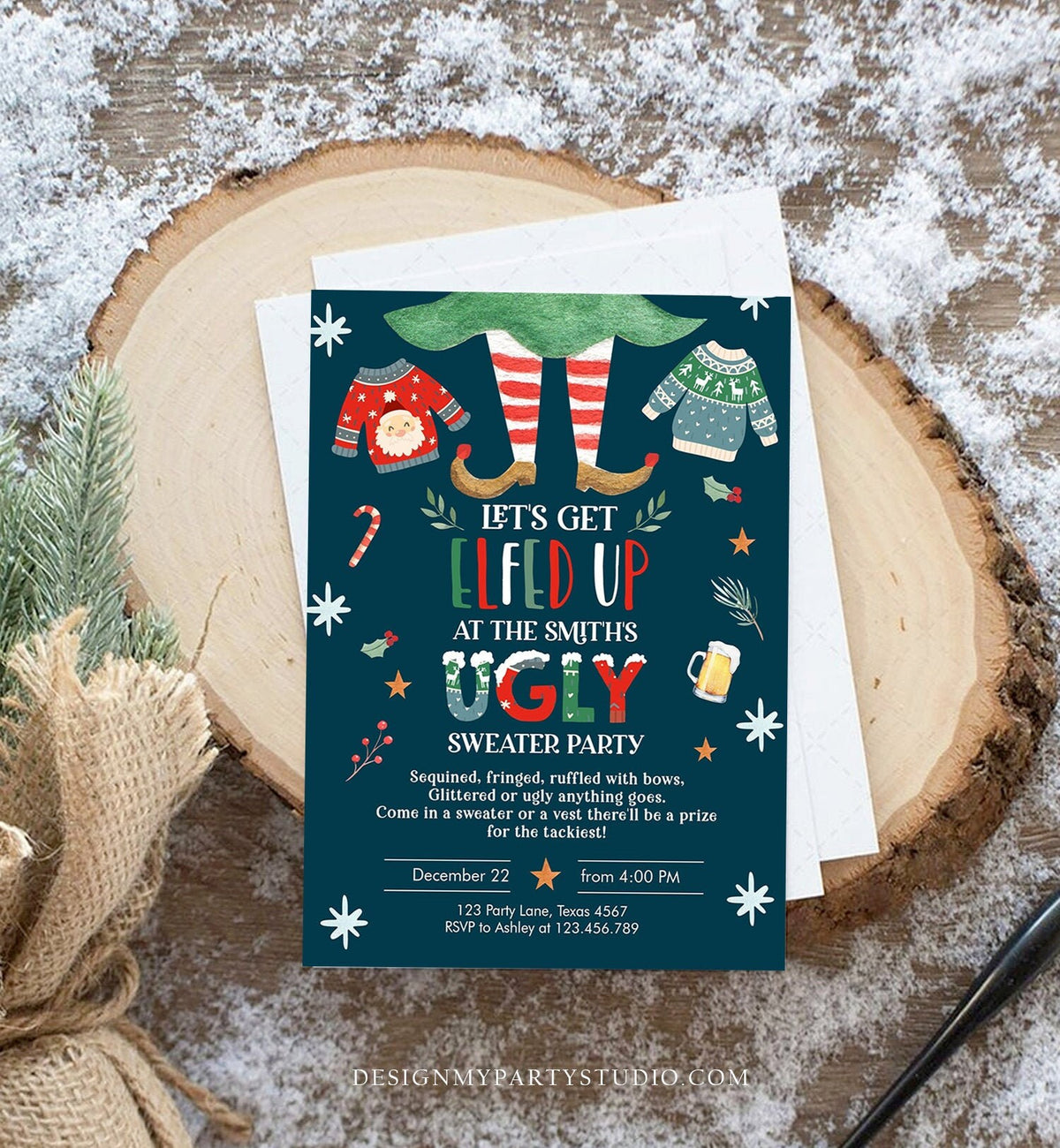 Editable Let&#39;s Get Elfed Up Christmas Party Invitation Framily Holiday Invitation Ugly Sweater Invite Elf Printable Corjl Template 0354