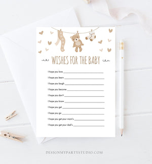 Editable Wishes for Baby Baby Shower Game Teddy Bear Neutral Diaper Advice Card Shower Activity Digital Corjl Template Printable 0025