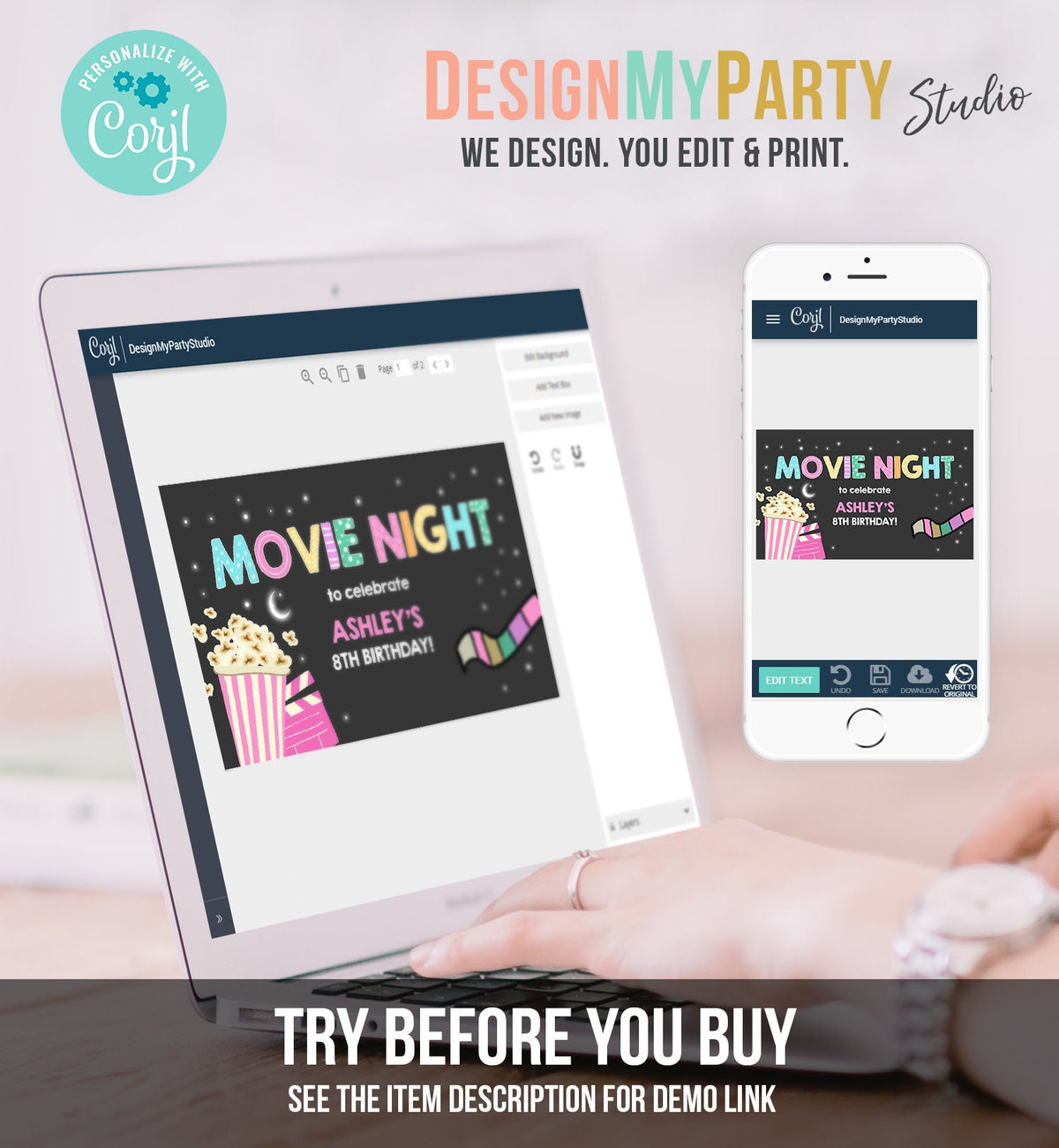 Editable Movie Night Birthday Backdrop Banner Movie Night Welcome Sign Girl Movie Party Popcorn Download Corjl Template Printable 0042