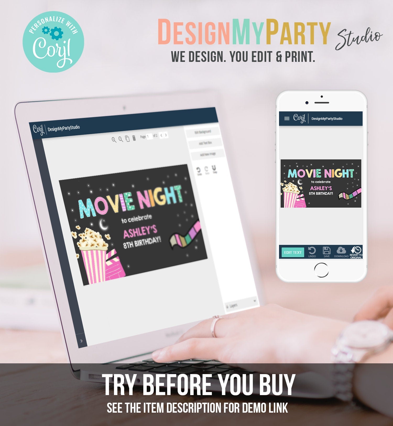 Editable Movie Night Birthday Backdrop Banner Movie Night Welcome Sign Girl Movie Party Popcorn Download Corjl Template Printable 0042