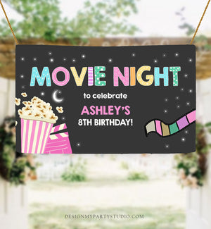 Editable Movie Night Birthday Backdrop Banner Movie Night Welcome Sign Girl Movie Party Popcorn Download Corjl Template Printable 0042