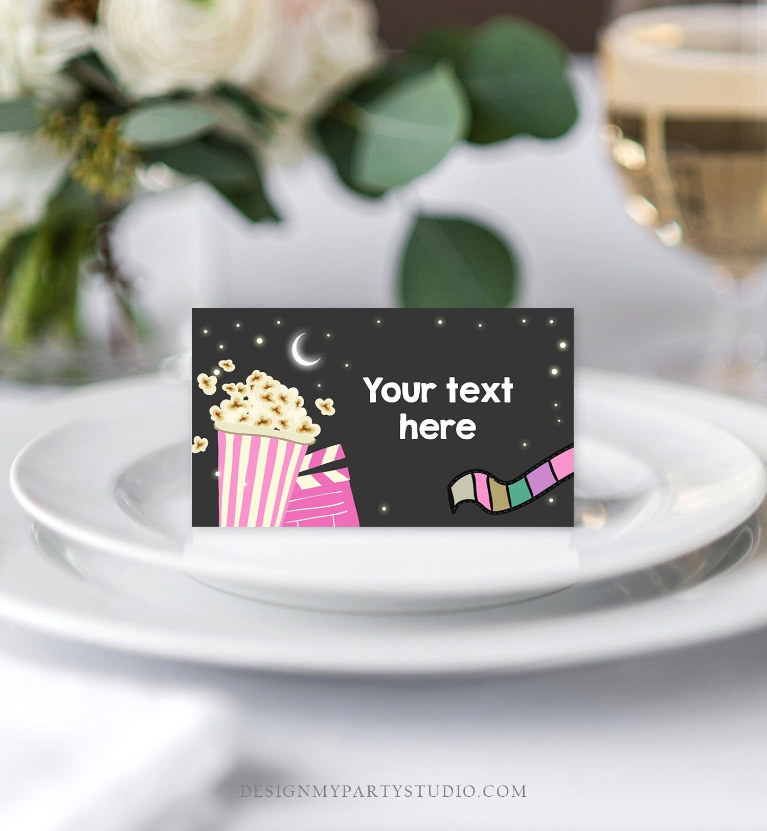 Editable Movie Night Food Labels Movie Night Tent Cards Girl Movie Birthday Place Card Backyard Movie Night Escort Card Corjl Template 0042