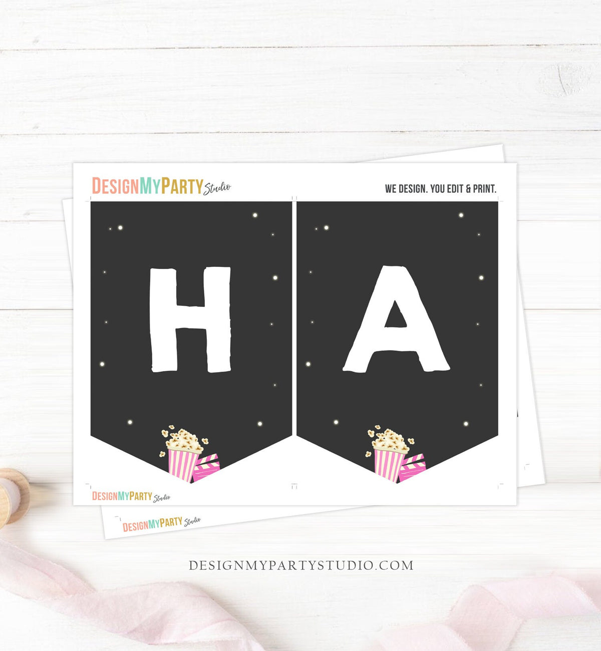 Happy Birthday Banner Movie Night Birthday Girl Pink Movie Party Movie Banner Decor Movie Printables Instant download PRINTABLE DIGITAL 0042