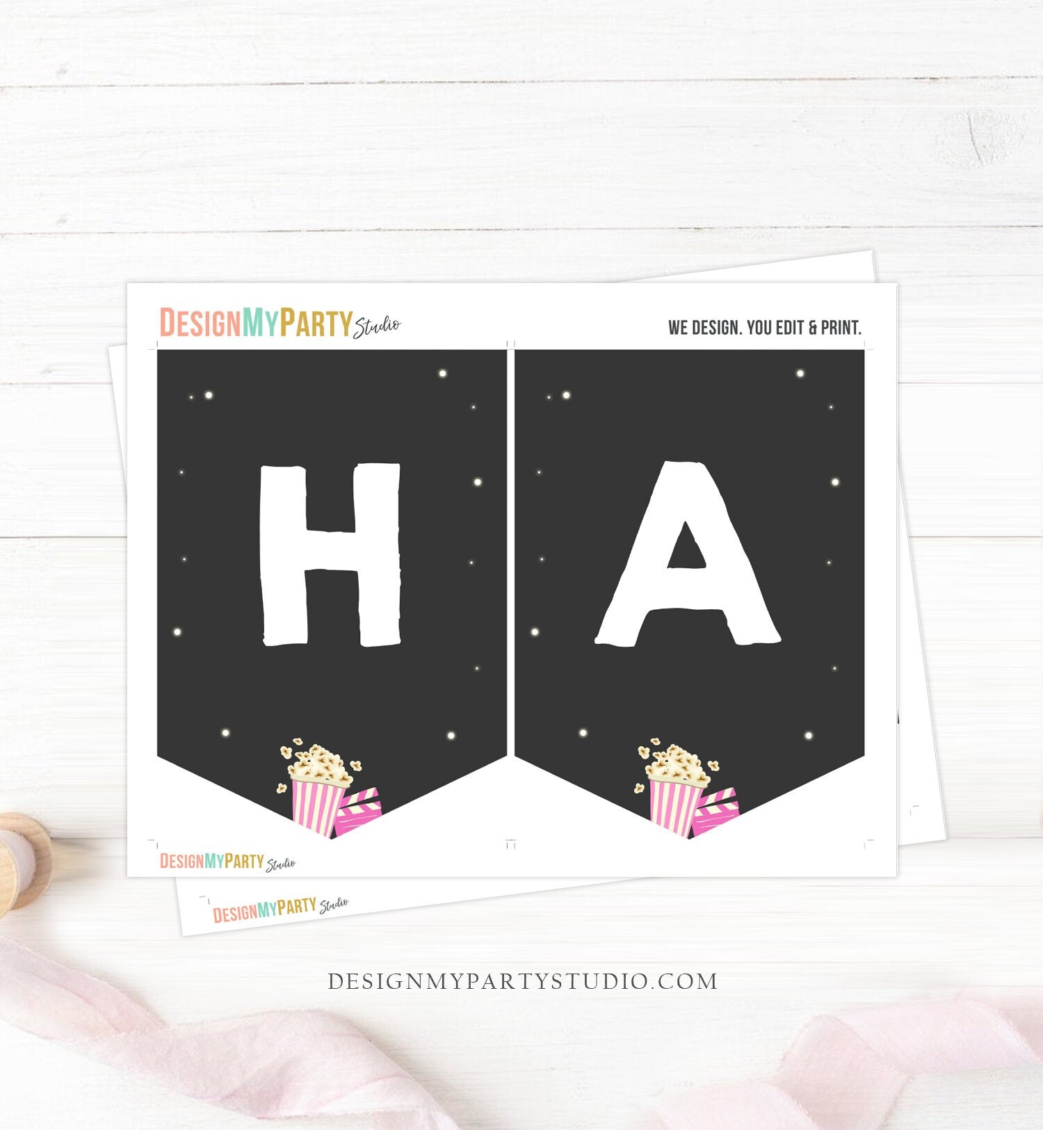 Happy Birthday Banner Movie Night Birthday Girl Pink Movie Party Movie Banner Decor Movie Printables Instant download PRINTABLE DIGITAL 0042