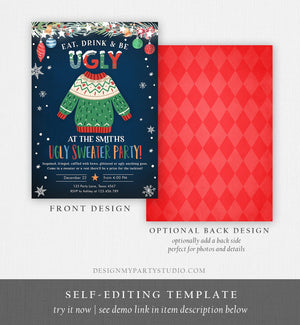 Editable Ugly Sweater Christmas Party Invitation Eat Drink And Be Ugly Rustic Family Birthday Tacky Party Printable Corjl Template 0354