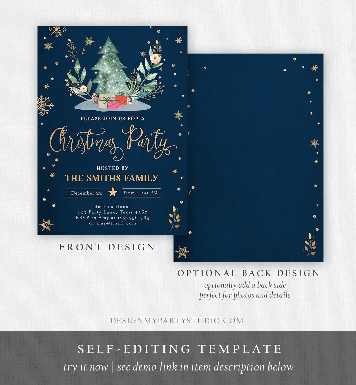 Editable Christmas Party Invitation Holiday Company It&#39;s Cold Outside Business Family Pink Gold Tree Corjl Template Download Printable 0353