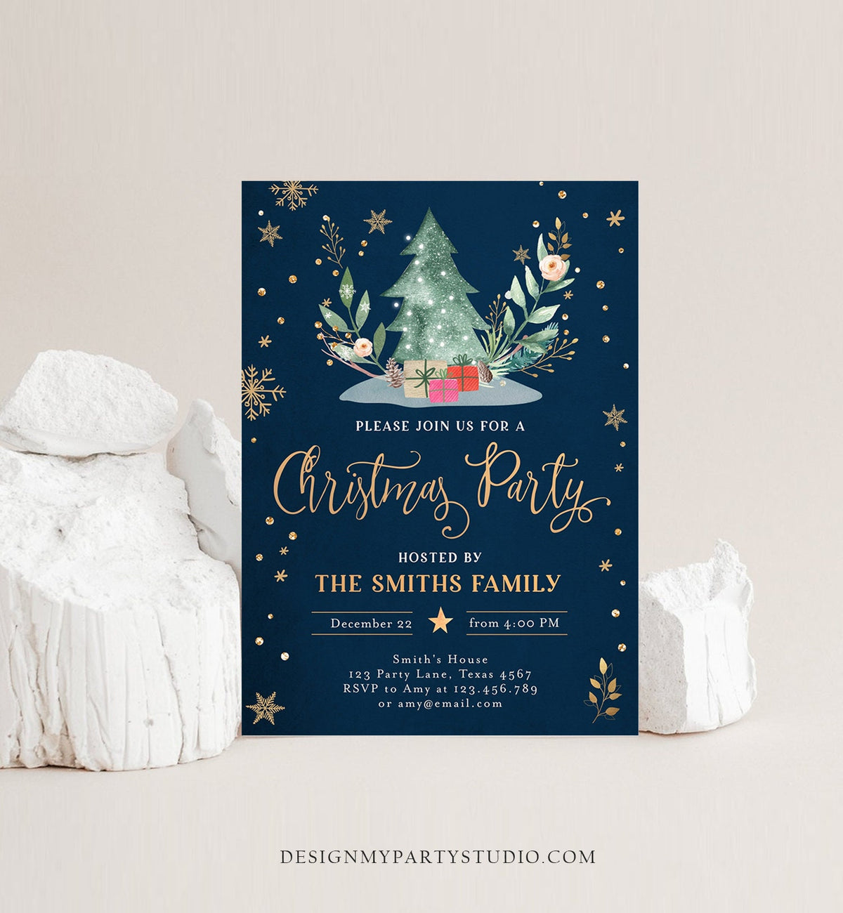 Editable Christmas Party Invitation Holiday Company It&#39;s Cold Outside Business Family Pink Gold Tree Corjl Template Download Printable 0353